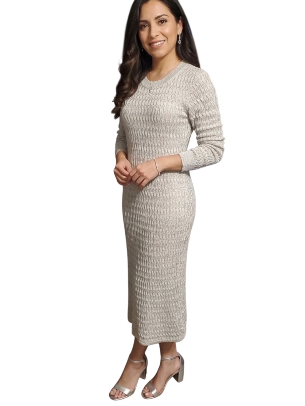Gap Sparkly Silver Metallic Knit Long Sleeve Midi Dress Size Large